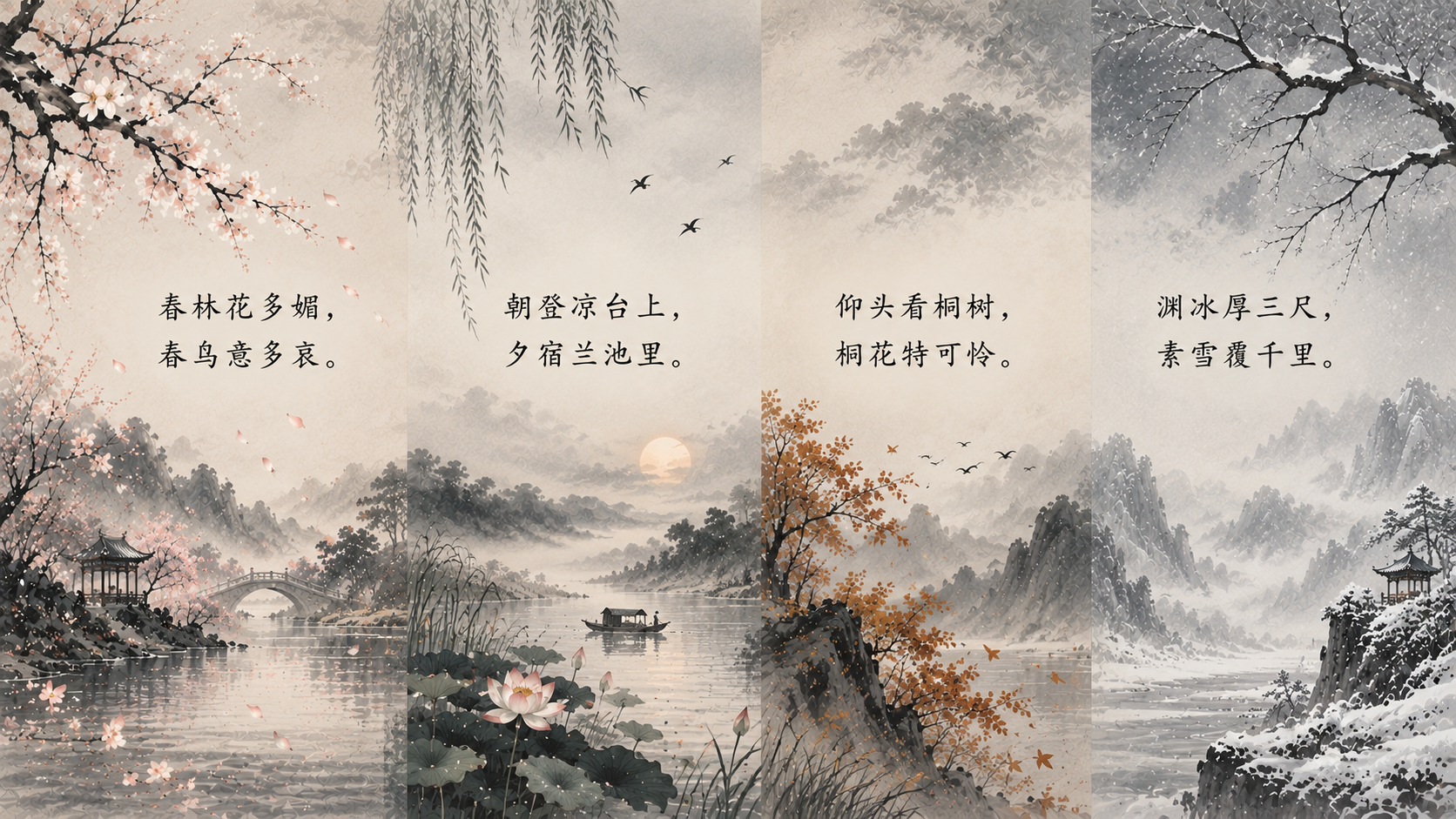 Four Seasons in Misty Ink Four Chinese ink landscapes depicting spring, summer, autumn, and winter, with classical Chinese poetry.